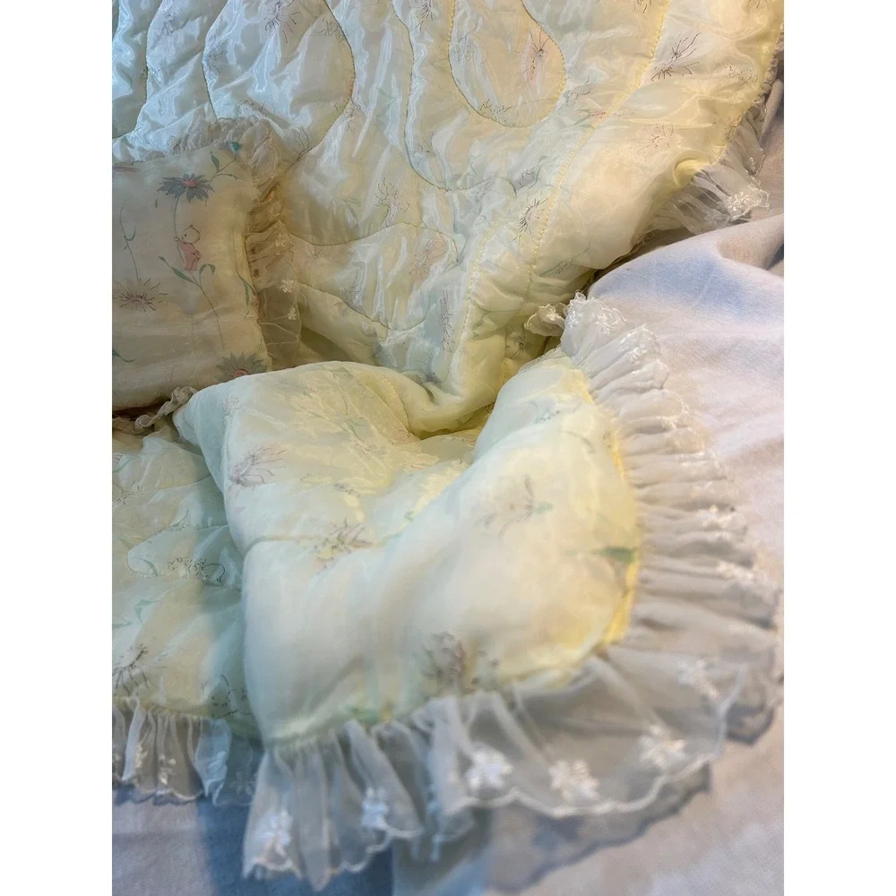 Vintage Yellow Floral Cherub Baby Comforter and Pillow Set Ruffle Lace Trim